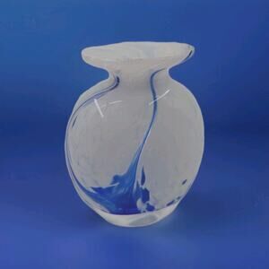 Ron Hinkle Signed Art Glass Bud Vase Blue White Swirl Hand Blown Studio Paperwei